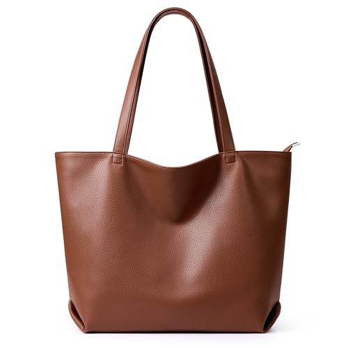 WLLWOO Soft Vegan Leather Tote Bag for Women Large Casual Hobo Handbags Zipper Shoulder Work Daily Weekender Travel Purse - color: Brown