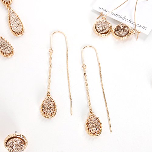 Simulated Druzy Threader Earrings for Women - Gold, Silver, or Rose Gold Tone Long Chain Earrings with Boho Created Geode Stone - color: Gold - Gold Stone