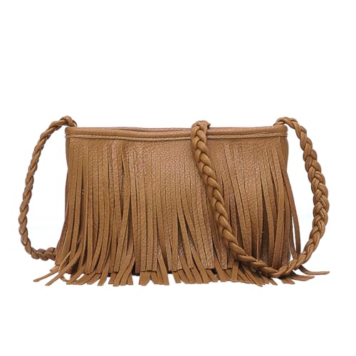 Stylish Fringe Crossbody Bag Bohemian Sling Bag Brown Lightweight Purse Hippie Small Shoulder bagTassel Leather - color: Brown