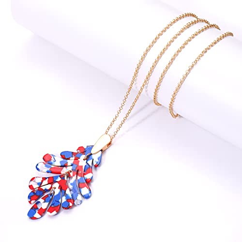 ARATLENCH Acrylic Pendant necklace Earrings – Long Statement Leaf Charm Necklace Tortoise Resin Palm Leaf Earrings Fashion Necklaces Earrings for Women - color: red white blue necklace