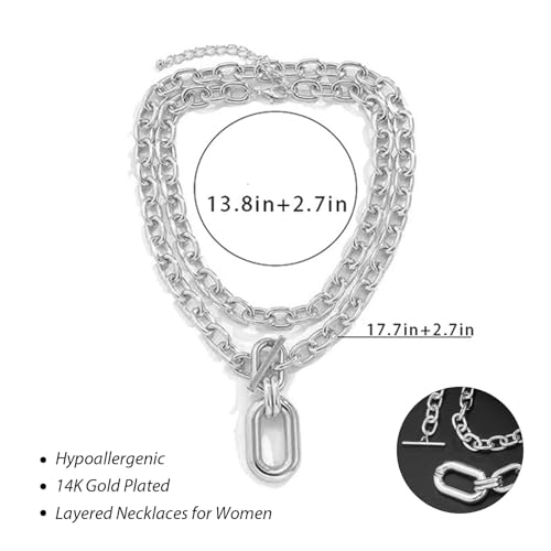 Long tiantian Chunky Gold Necklace Stack Chain Necklaces for Women Statement Layered Paperclip Choker Necklaces Statement Necklace for 80s 90s & Night Out Outfits Paperclip Style Fashion Jewelry - color: A1:Style A-Silver