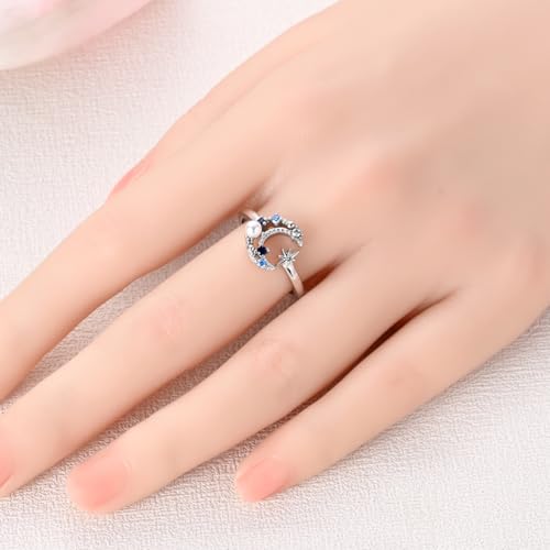 PARCOM Adjustable Women Stackable Ring, 925 Sterling Silver Open Rings - Trendy Eternity Cubic Zirconia Stackable Band Engagement Promise Ring for Her, Hypoallergenic Non Tarnish Nature Bird Floral Thumb Rings - color: Starry Night Pearl