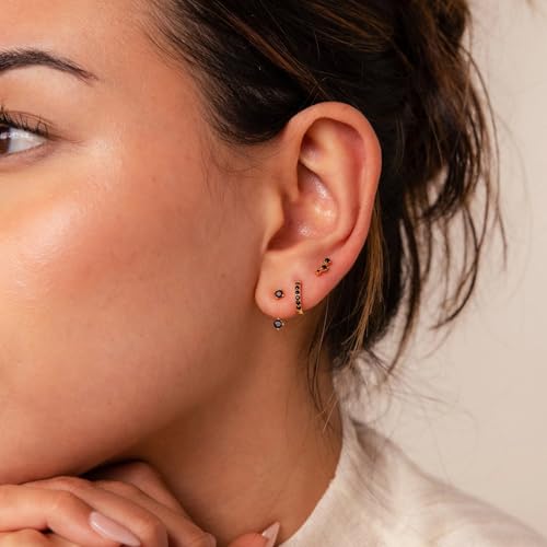 3 Pairs Dainty Small 4th of July Earrings for Women Trendy, Birthstone Stud Huggie Hoop Jacket Stack for Cartilage Helix, Gold Plated Hypoallergenic Cute Women Fashion Accessories Western Jewelry Gifts - color: Black CZ (Gold)