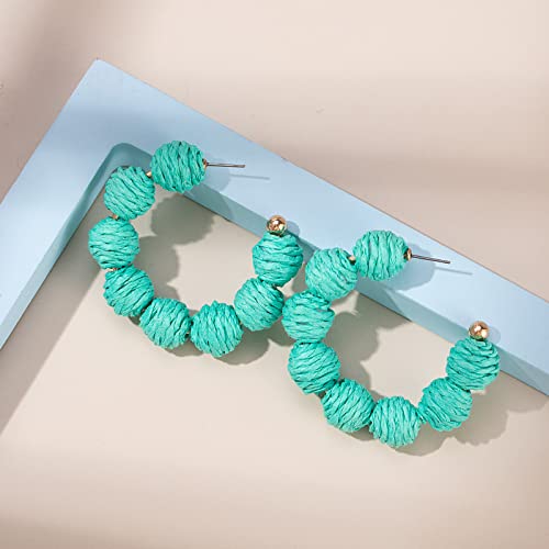 Raffia Hoop Earrings Statement Boho Beaded Earrings Cute Rattan Handmade Colorful Jewelry for Women Unique Summer Outfits - color: Teal