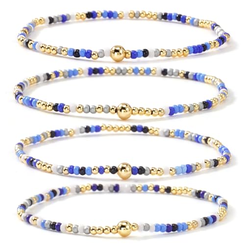Boho 4Pcs Stack Colorful Small Seed Beaded Bracelets Set for Women, Cute Handmade Dainty Trendy Gold Plated Stretch Accessories Thin Glass Jewelry, Summer Daily Party Friendship Gift - color: Royal Blue