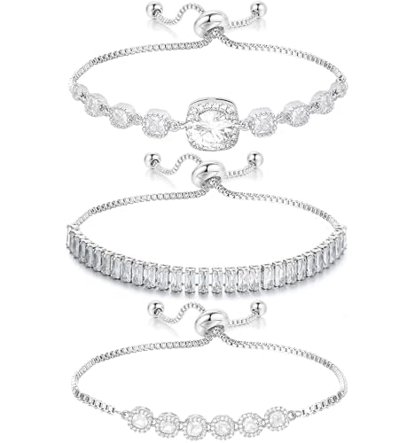 Tennis Bracelet for Women Cubic Zirconia Bracelets Adjustable Slider Bracelets - color: Silver 01