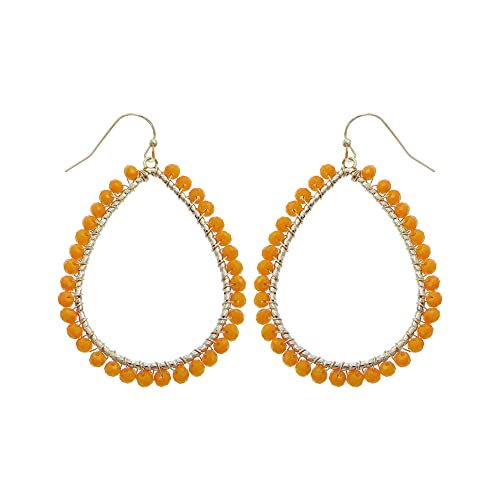 Bohemian Boho Teardrop Dangle Drop Earrings for Women – Delicate - Handcrafted Wire Wrapped Colorful Faceted Glass Beads – Gold Plated – with Gift Box Included - color: Sunflower Orange