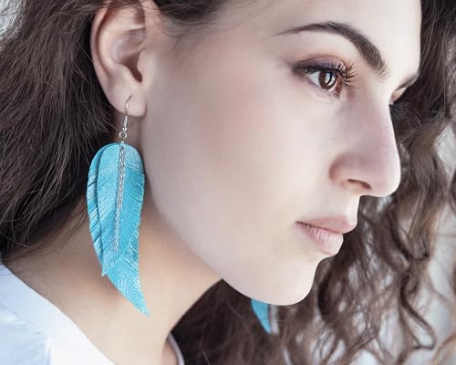 Black shiny Leather Feather Earrings for Women, Lightweight Minimal Boho Dangle Earrings, Small Simple Everyday Jewelry - color: Turquoise shiny