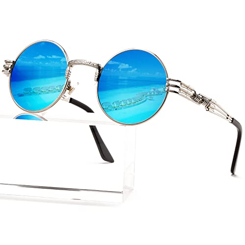 AIEYEZO Round Steampunk Sunglasses for Men Women Retro Circle Hippie Glasses Metal Frame 100% UV Blocking Lens - color: Silver/Ice Blue Mirror