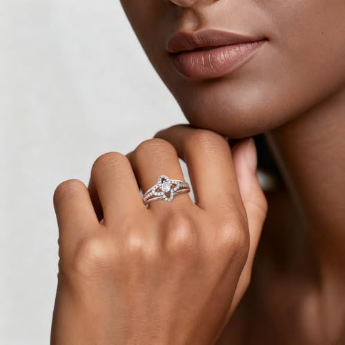 KUNSIR 925 Sterling Silver Rings Classic Cubic Zirconia Eternity Promise Statement Anniversary Wedding Bands Engagement Rings for Women Infinity Forever Love Ring Size 7-9 - style: Four Leaf Clover Ring