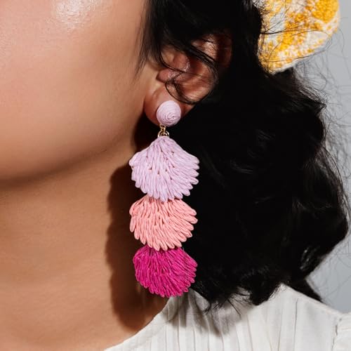 Boho Raffia Earrings Starfish Shell Seashell Dangle Drop Earrings Cute Statemnet Trendy Jewelry Summer Beach Outfits for Women - color: Pink, size: Shell