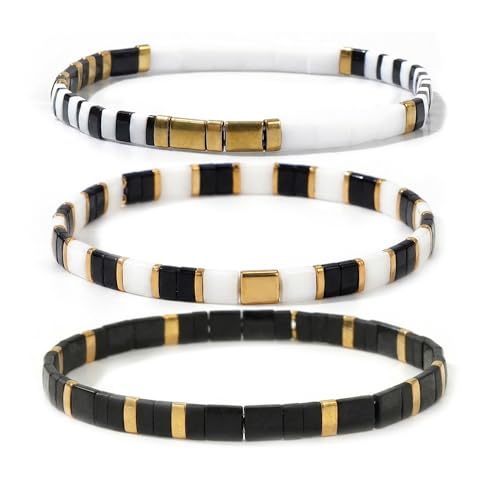 Tila Flat Square Stack Beaded Bracelets Set for Women Men, Boho 3Pcs Romantic Handmade Healing Gold Colorful Stretch Accessories Jewelry, Daily Vacation Party Holiday Friendship Gift - color: Black White Black