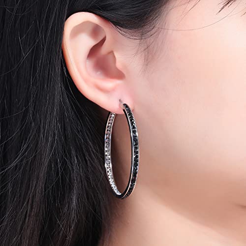 CiNily Mult-colors Crystal Stainless Steel Hoop Earring for Women Hypoallergenic Jewelry for Sensitive Ears Large Big Hoop Earrings 2" - color: White and Black