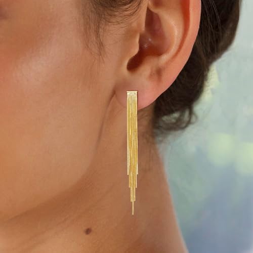 Gold Earrings for Women Trendy, Simple Dainty 14K Gold Plated Paperclip Square Chain Link Dangle Hoops Earrings Pin Stud Huggie Earrings Lightweight Hypoallergenic Minimalist Aesthetic Gold Jewelry for Christmas Gifts - color: tassel earrings-E