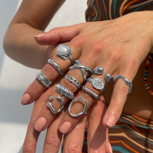 Chunky Gold Rings for Women Non Tarnish Silver Chunky Rings Set Adjustable Thick Statement Ring Gold Stackable Ring for Women Trendy Fashion Silver Jewelry - style: Style2