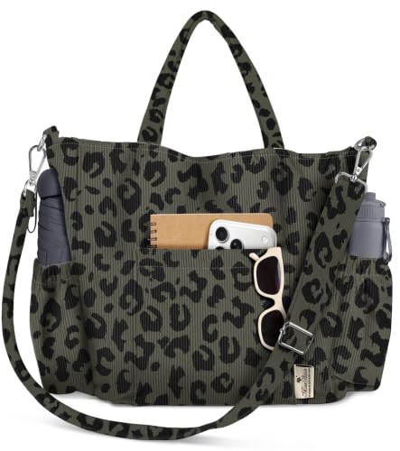 Miss Adola Crossbody Corduroy Tote Bag for Women, Large Tote Bag with Multi-Pockets and Zipper for Travel Work - color: Black Leopard Print