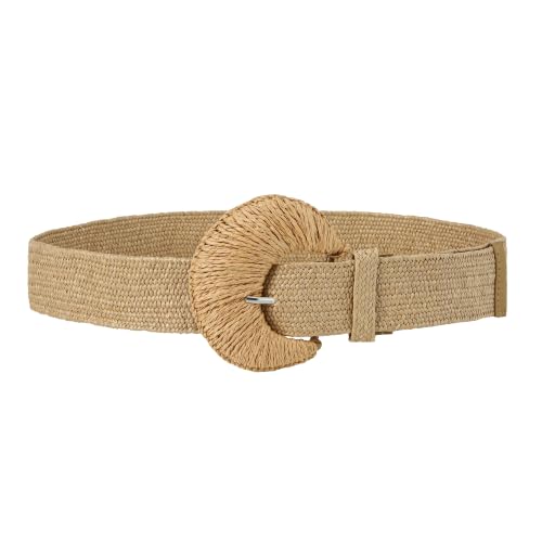 HOTWILL Women Straw Woven Belt Boho Elastic Stretch Braided Waist Belts for Summer Dresses - color: Camel_shaped Buckle