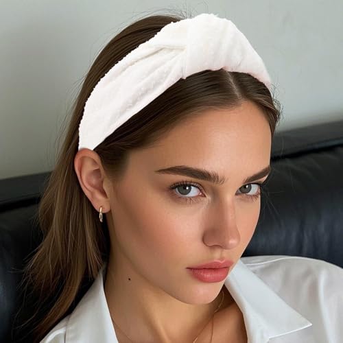 YISSION Knotted Headband Wide Headbands for Women Non Slip White Headband Fashion Head Bands Top Knot Hairband Hair Accessories for Women (Hairy Surface)