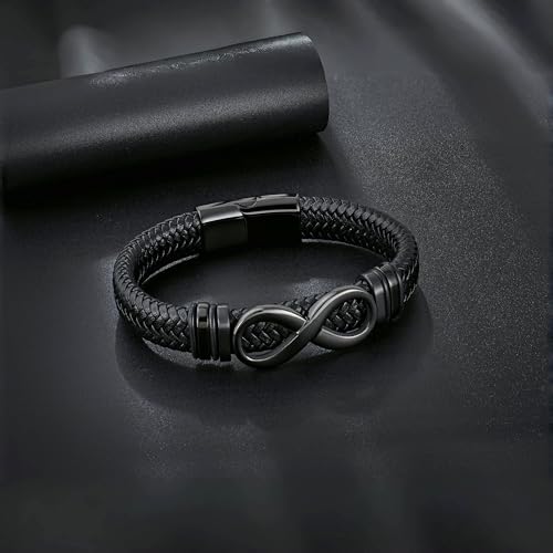 Men's Leather Infinity Bracelet Stainless Steel Number 8 Wristband Cuff Bangle Bracelets Gifts for Men, 8.3 & 9.1 inches - color: 01.Single-layers leather & black infinity, size: 9.1inch(Size too large. Not recommended.)