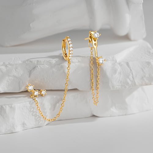3 Pairs Dainty Small 4th of July Earrings for Women Trendy, Birthstone Stud Huggie Hoop Jacket Stack for Cartilage Helix, Gold Plated Hypoallergenic Cute Women Fashion Accessories Western Jewelry Gifts - color: Gold Plated Chain