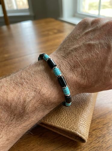 Turquoise Bracelet, Handmade Turquoise Beaded Wood Hematite Boho Bracelet, Western Jewelry for Women & Men