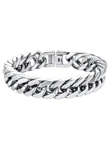 ChainsHouse Stainless Steel Cuban Link Bracelet, 8mm/12mm/17mm Width, 7.5"/8.3"/9", 18K Gold Plated Chain Wrist Bracelets for Men Women, Send Gift Box - color: D: Steel-12mm width