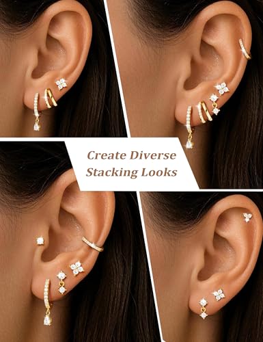 M MOOHAM Flat Back Earring Stacks for Women, Hypoallergenic 14k Real Gold Plated Hoop Stud Cartilage Earrings Stack Set Small Cute Helix Huggie Hoop Drop Earrings Trendy Jewelry Gifts for Women - color: 14K-Gold-Plated