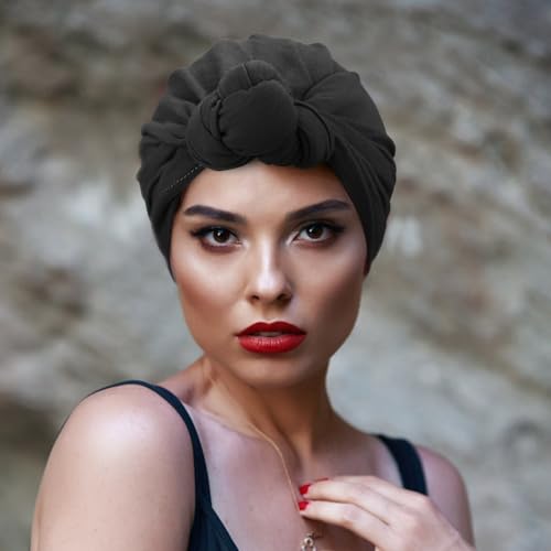 DRESHOW 5 Pack Knotted Headwraps for Women African Turban Pre-Knotted Beanie Headwraps Hair Covers - color: 5 Pack Knotted: Mustard/Rose/Khaki/Teal/Black