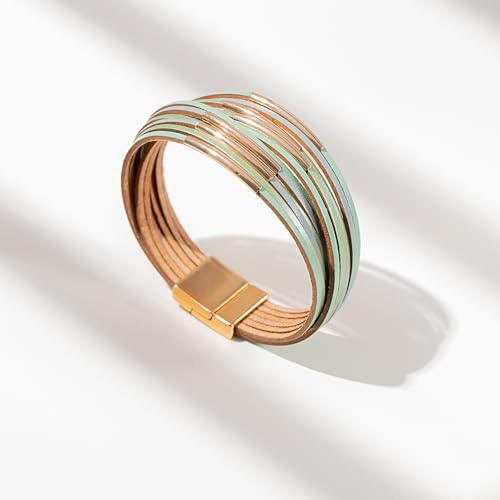 FANCY SHINY Boho Leather Bangle Bracelets Stackable Noodle Tube Bracelets Layered Wrap Cuff Bracelets with Magnetic Clasp - color: Mint