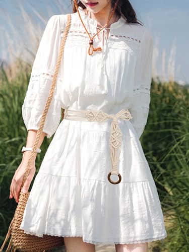 TeeYee Women's Waist Belt Adjustable Boho Style Handwoven Bohemia Tassel Rope Tie with Wooden Beads Braided Chain for Dress - color: 269white