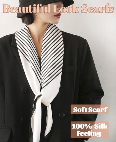kcctoo 59” Long Silk Like Head Scarf Women's Fashion Square Neck Satin Scarfs for Bag Hair Scarves Gift 59 * 5.9” - color: H1 Beige Stripe 59" X 5.9"