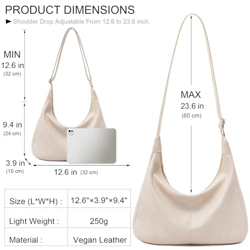 Hobo Bags for Women Foldable Vegan Leather Shoulder Handbag Slouchy Tote Crossbody Purses - color: Beige