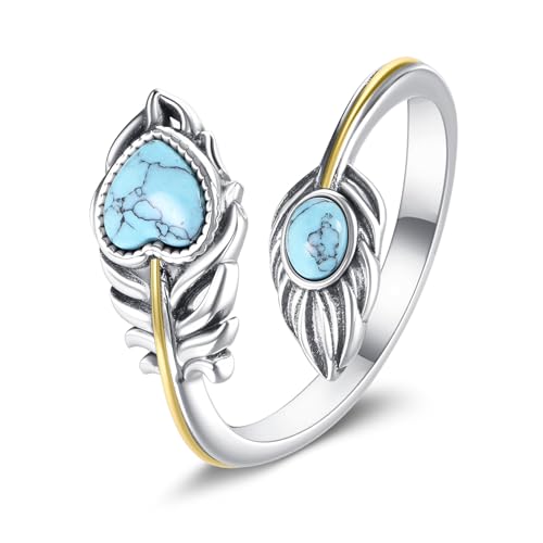 MONGAS Feather Ring 925 Sterling Silver Turquoise Ring Western Jewelry Christmas Gifts for Women