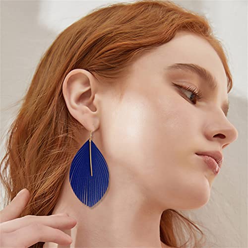 Minimalist Handmade Lightweight Large Soft Faux Leather Fringe Feather Dangle Drop Earrings Bohemian Huge Leaf Hook Earrings with Bar for Women - color: Blue