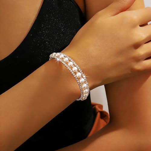 Pearl Rhinestone Stretch Cuff Bracelet for Women Adjustable | Perfect for vintage weddings parties vacations and everyday wear - color: Silver