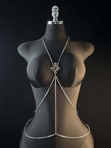 Paloli Gothic Cross Body Chain for Women – Silver Tone Adjustable Waist Body Jewelry, Vintage Filigree Y-Style Harness Necklace for Festival Party Outfit - style: Enchanted Green