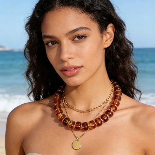 Colorful Chunky Beaded Choker Necklace for Women, Amber Brown Multicolor Resin Statement Necklace, Boho Summer Beach Jewelry for Vacation Festival Party