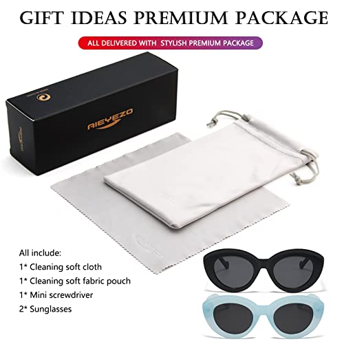 AIEYEZO Oversized Cat Eye Sunglasses for Women Cute Oval Thick Frame Cateye Sun Glasses Chic Retro Style Shades - color: 2 Set (Black + Blue)