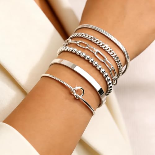 6Pcs 14K Gold Plated Bracelets for Women Layered Bangle Cuff Stack Set Adjustable Stacking Jewelry Set Gifts - color: 6PC-silver