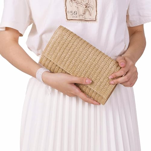 Huralona Women Straw Woven Clutch Purse Pleated Handbag for Summer Beach Vacation Straw Shoulder Crossbody Bag - color: Khaki3