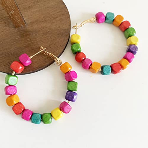 Handmade Nature Wooden Beaded Hoop Earrings Bohemian Minimalist Colorful Circle Round Wood Bead Earrings Vintage Chic Wooden Ethnic Dangle Drop Earrings for Women Statement Jewelry Gifts - color: Color Small Round 3