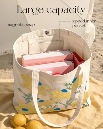 Miss Adola Embroidery Tote Bag with Pocket & Buckle - Reusable Canvas Tote for Women Cute Aesthetic Work Shopping Grocery Bag - style: Daisy
