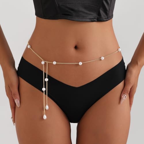 Bohemian Fake Pearl Bikini Body Chain for Women Adjustable Waterproof Belly Waist Jewelry Layered Cubic Zirconia Swimsuits Beach Chains Summer Festival Mermaid Party Accessories - style: Style-A