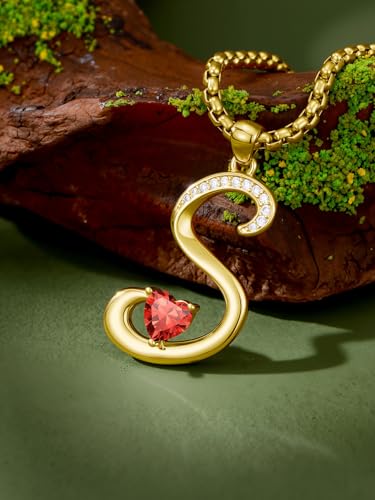 Birthday Gifts for Women 18k Gold Initial Necklaces for Women Simple Alphabets Letters with Birthstone Pendants Name Jewelry Anniversary Wedding Gifts for Sister Daughter Her (with Gift Box) - color: 07-Jul-Ruby, style: Letter S