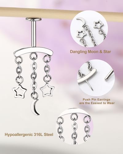 Crescent Moon Star Chain Vertical Hidden Helix Stud Earrings Dangle 316L Stainless Steel Flat Back Threadless Push-Pin Cartilage Rook Piercing Jewelry - color: steel