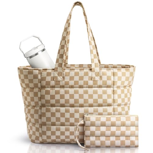 Puffer Tote Bag with Pouch, Women's Lightweight Quilted Shoulder Bag, 15.6"/17.3 Laptop Travel Weekender for Work & Nurses - color: Plaid, size: Large