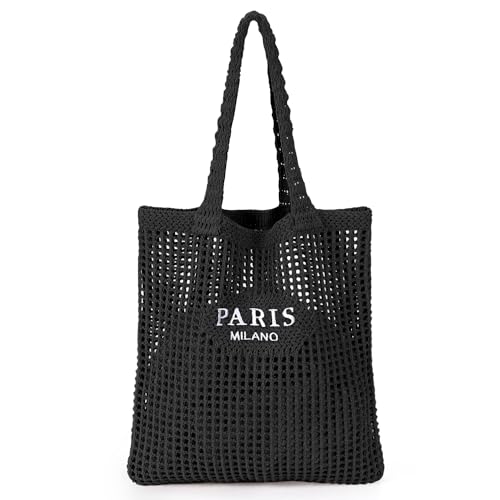 Ayieyill Crochet Tote Bag For Women, Crochet Mesh Beach Tote Bag Summer Vacation Aesthetic Boho Knit Bag for Women - color: G/Black