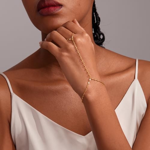 Gokeey Gold Hand Chain Bracelet for Women Trendy, Dainty 14k Gold Plated Ring Bracelet Hand Chain Finger Ring Slave Cuff Bracelet Cubic Zircon Hand Jewelry for Women Accessories - style: lip hand chain