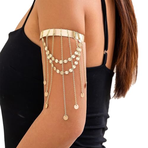 Simple Multi-layered Sequin Tassel Chain Upper Arm Bracelet Summer Beach Adjustable Open Arm Cuff Bangle Bracelets Bikini Armlet Body Jewelry for Women - color: Gold