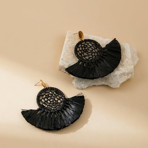 Boho Raffia Summer Beach Earrings for Women, Large Statement Dangle Drop, Lightweight Handmade Woven Fan Tassel Jewelry - color: Black